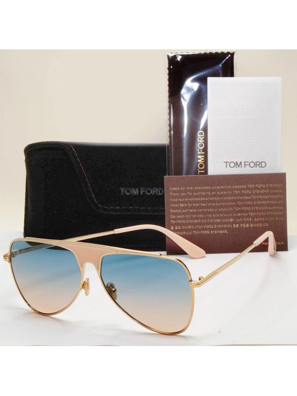 Tom Ford Women's Gold Frame Pink Top Bar & Blue aviator Sunglasses ETHAN FT 0935